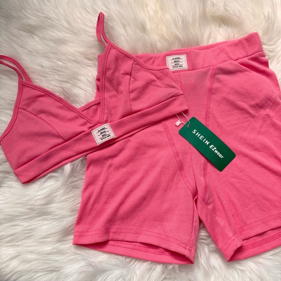 SHEIN Pants - SHEIN Pink Ribbed Bralette and Shorts Set